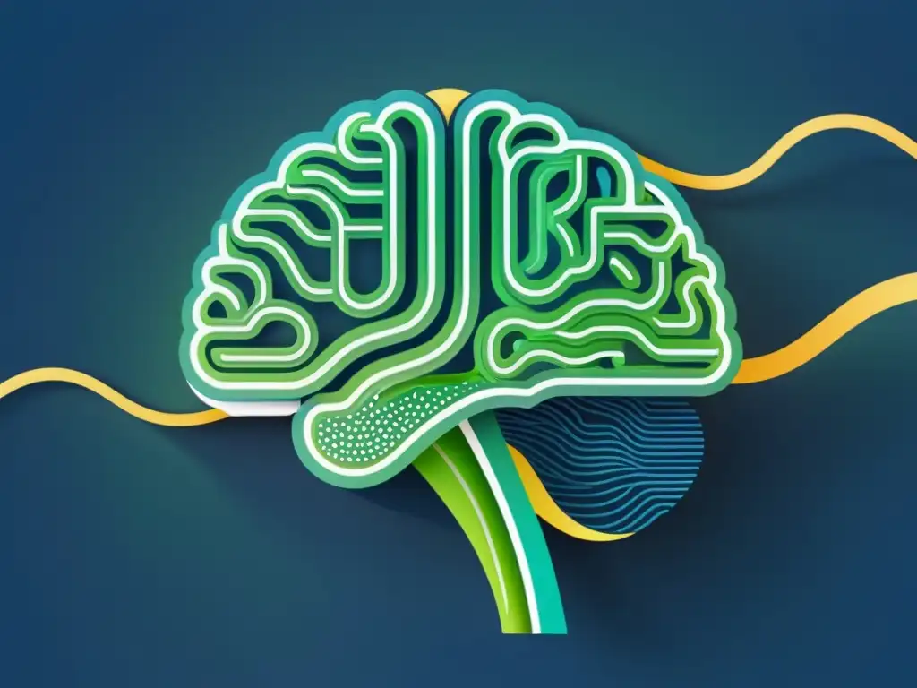 Neuro-lavado digital: fusión cerebral y tecnológica Ilustración abstracta de un cerebro lavado por ondas digitales, con patrones de circuitos y datos entrelazados