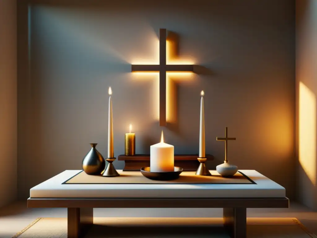 Altar cristiano con símbolos sincréticos: fusión cultural y espiritual Un altar cristiano minimalista con símbolos indígenas, bañado en luz cálida, evoca el sincretismo en cultos primitivos cristianos