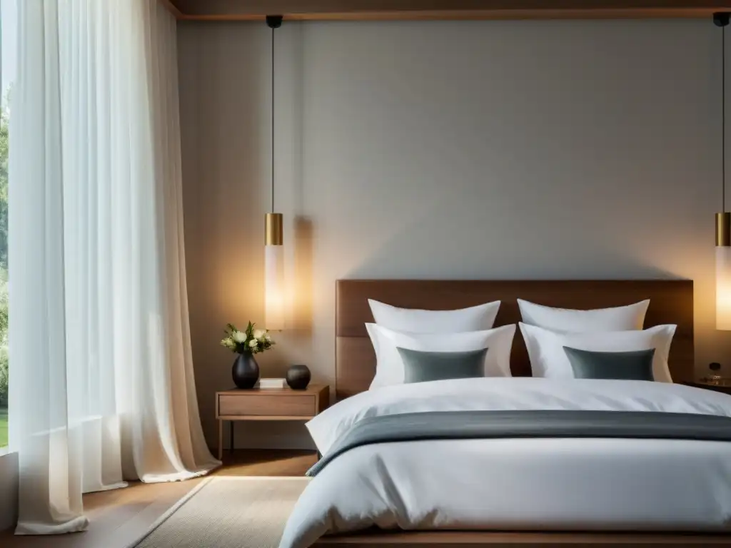 Tranquilo dormitorio minimalista con iluminación natural Un ambiente sereno y minimalista en un dormitorio, con luz natural suave y una cama impecablemente hecha