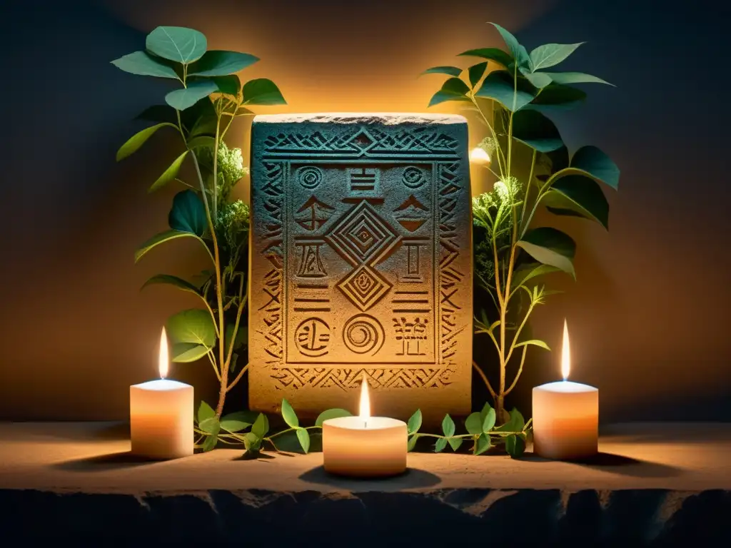 Tabletas de piedra ancestrales: símbolos místicos entre la penumbra Antiguas tablas de piedra con símbolos místicos, enredaderas y luz de velas