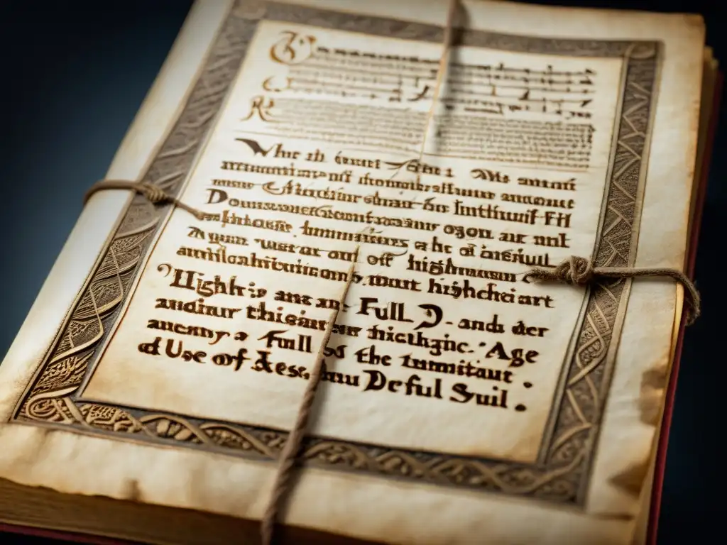 Manuscrito antiguo: detalles en alta resolución Un antiguo manuscrito desgastado con intrincados patrones en la portada, revelando los Orígenes de los cultos y enseñanzas en detalle