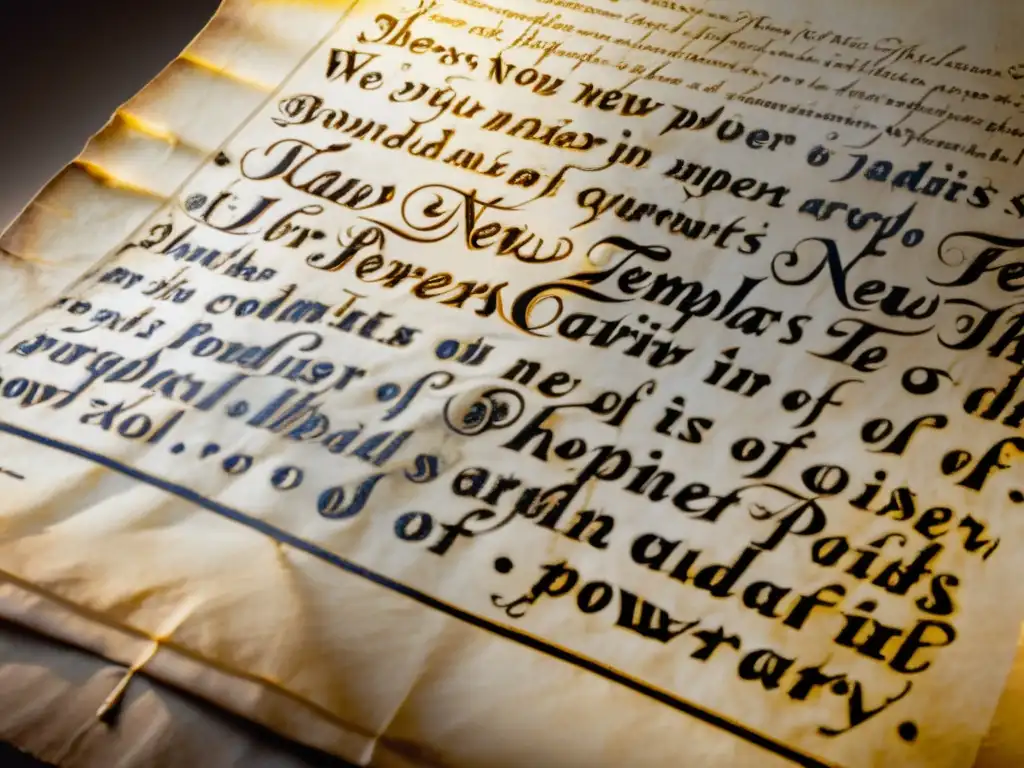 Pergamino antiguo de los fundadores de los Nuevos Templarios Antiguo pergamino con escritura en latín y símbolos de poder, iluminado por luz dorada