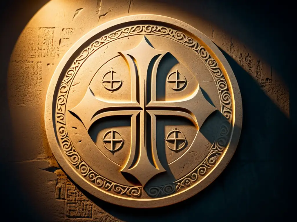 Símbolo templario antiguo en piedra: poder enigma Antiguo símbolo templario tallado en piedra con detalles intrincados y sombras dramáticas, rodeado de grabados históricos y huellas de desgaste