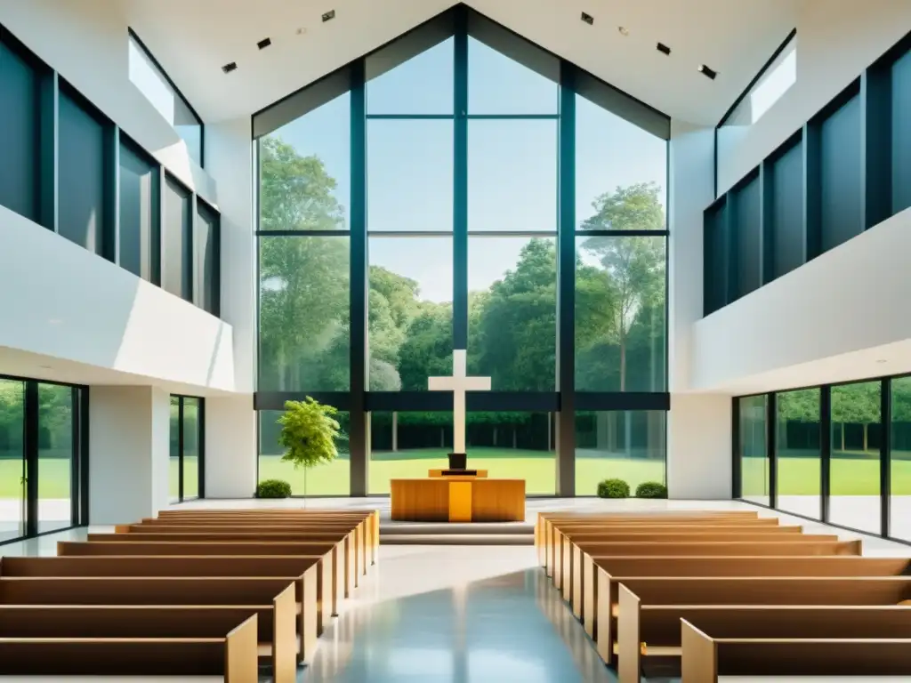 Comparación arquitectura sagrada cultos: Iglesia contemporánea con líneas limpias, grandes ventanales y diseño geométrico, rodeada de exuberante vegetación y suave luz natural