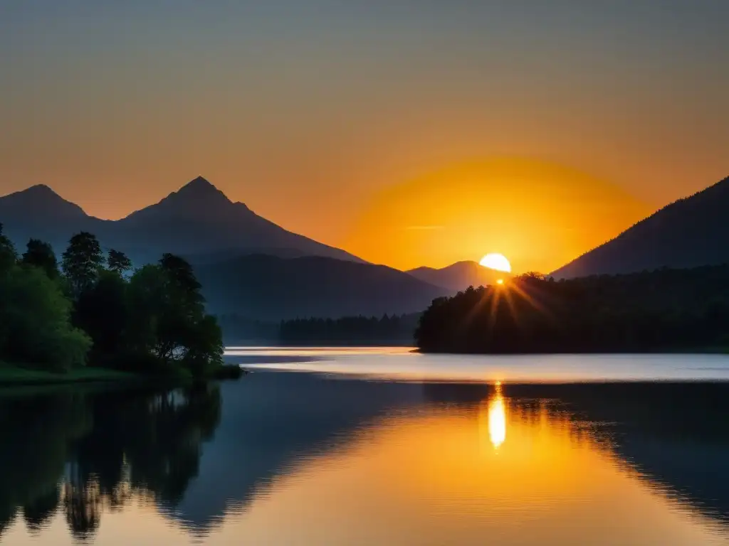 Puesta de sol sobre montañas: reflejo dorado en lago sereno Un atardecer sereno sobre montañas, lago y árboles en silueta