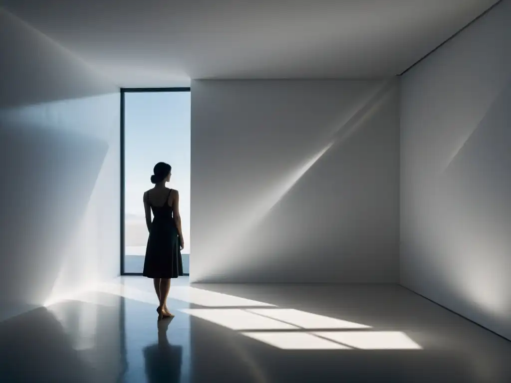 Figura solitaria en habitación blanca: lealtad ciega y manipulación Atmósfera de aislamiento y reflexión en una habitación blanca con luz y sombras, evocando los peligros de lealtad a culto