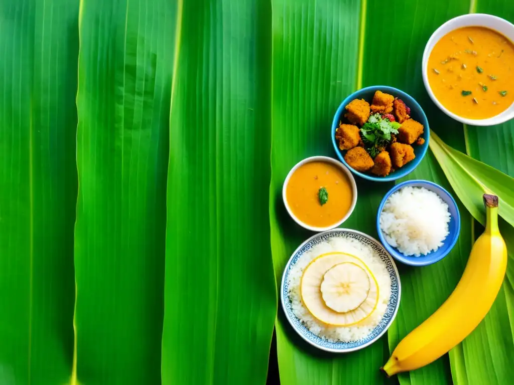 Deliciosa comida Odia en hoja de plátano: dalma, pakhala y curry Un banquete tradicional Odia en hoja de plátano, reflejando la influencia del culto Jagannath en Odisha