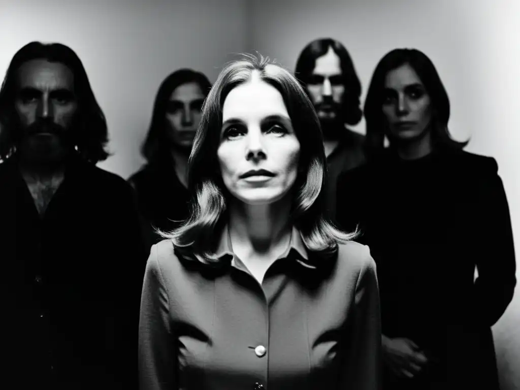 Retrato inquietante de la Familia Manson en blanco y negro Una fotografía en blanco y negro de la familia Manson reunida en círculo, con rostros oscurecidos por sombras