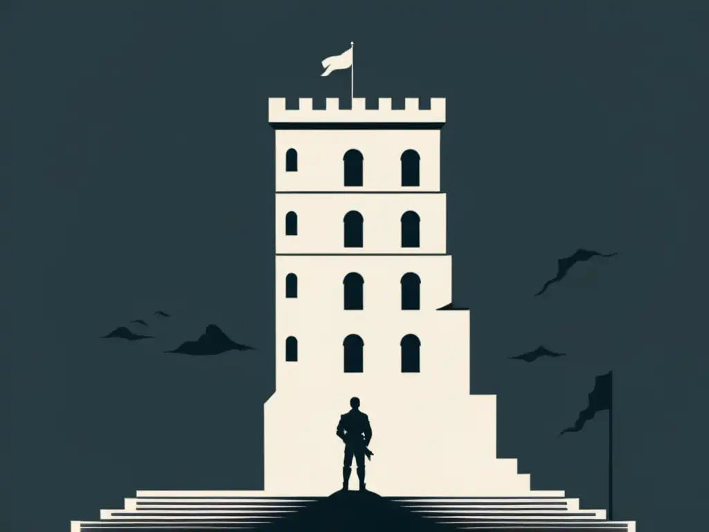 Exclusión ante la fortaleza Ilustración en blanco y negro de una figura frente a una imponente fortaleza, simbolizando 'agentes externos' frente a una estructura de poder