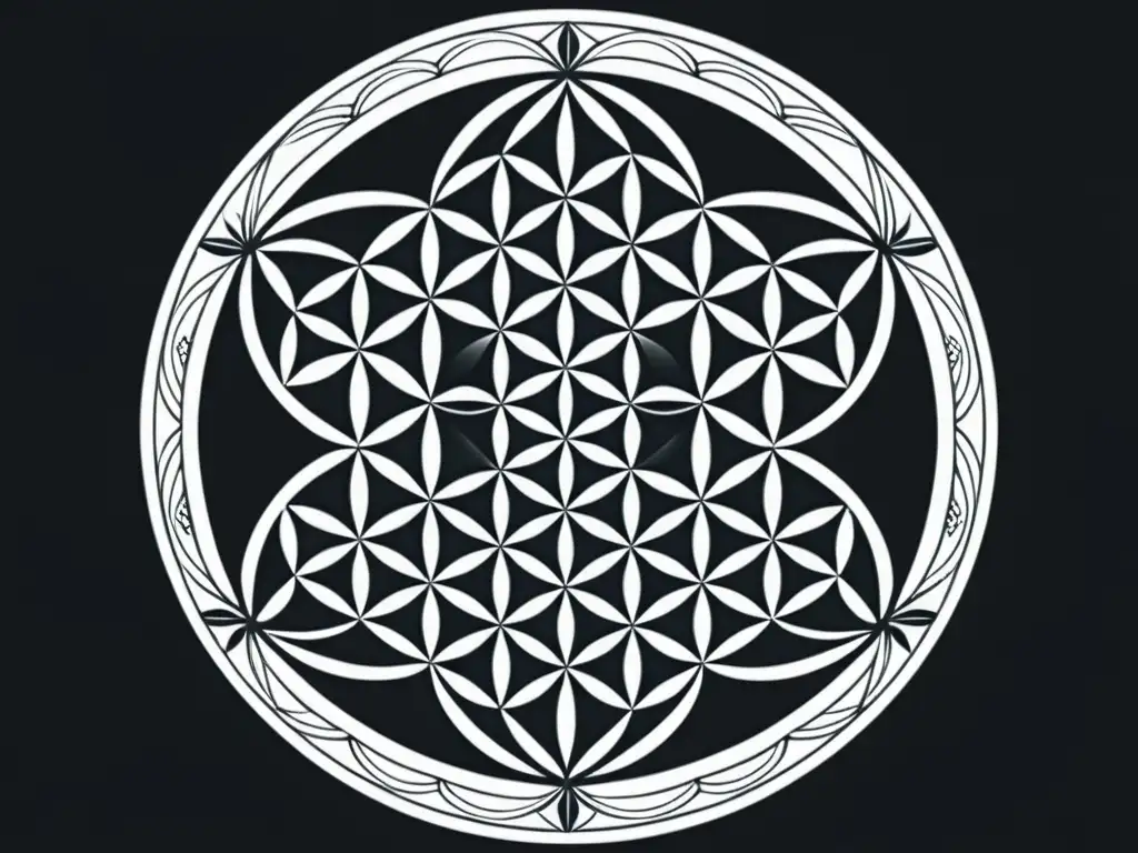 Ilustración de la Flor de la Vida: Geometría Sagrada en Blanco y Negro Una ilustración en blanco y negro de la Flor de la Vida, con patrones geométricos detallados que irradian desde el centro