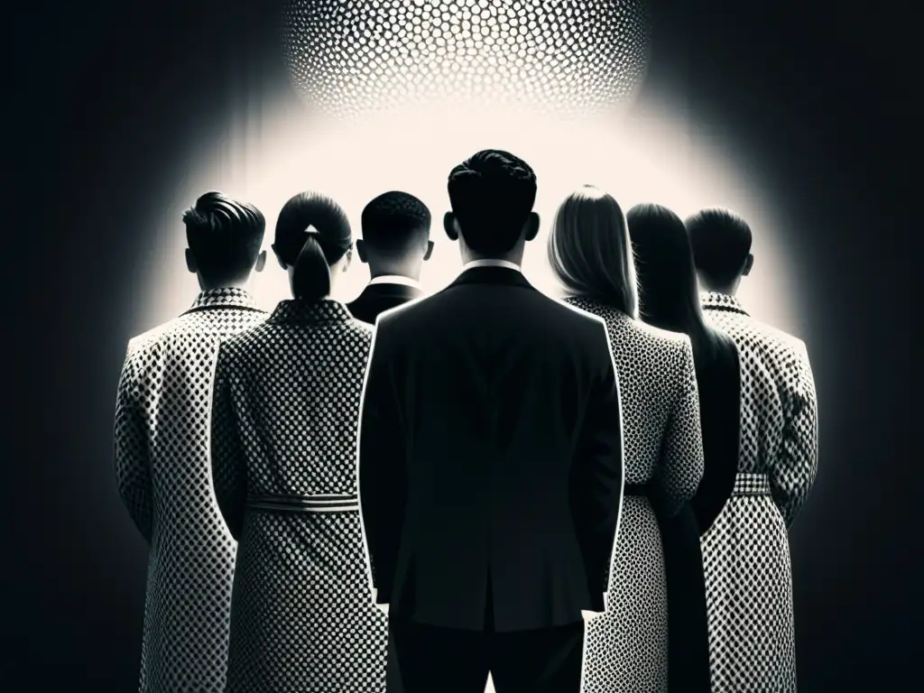 Misterio y manipulación en culto contemporáneo Enigmática ilustración en blanco y negro de un grupo de personas ocultas en sombras, rodeadas de símbolos
