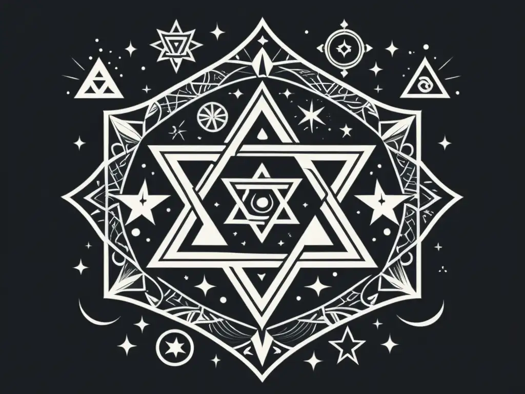 Una ilustración en blanco y negro de un hexagrama rodeado de símbolos místicos y elementos esotéricos, evocando sabiduría mágica y enigma