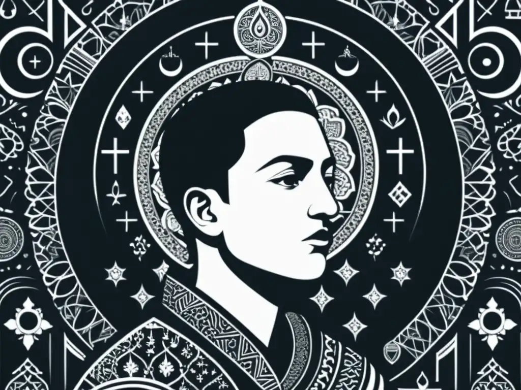 Reflexiones sobre el extremismo religioso Ilustración en blanco y negro de persona reflexiva, rodeada de símbolos de extremismo religioso