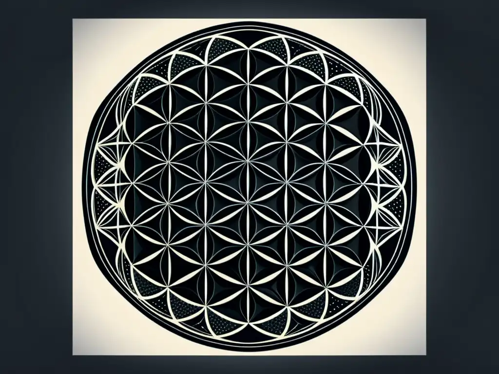 Geometría sagrada: Flor de la Vida en blanco y negro Ilustración en blanco y negro de la Geometría Sagrada en cultos, con un patrón de la Flor de la Vida detallado y misterioso