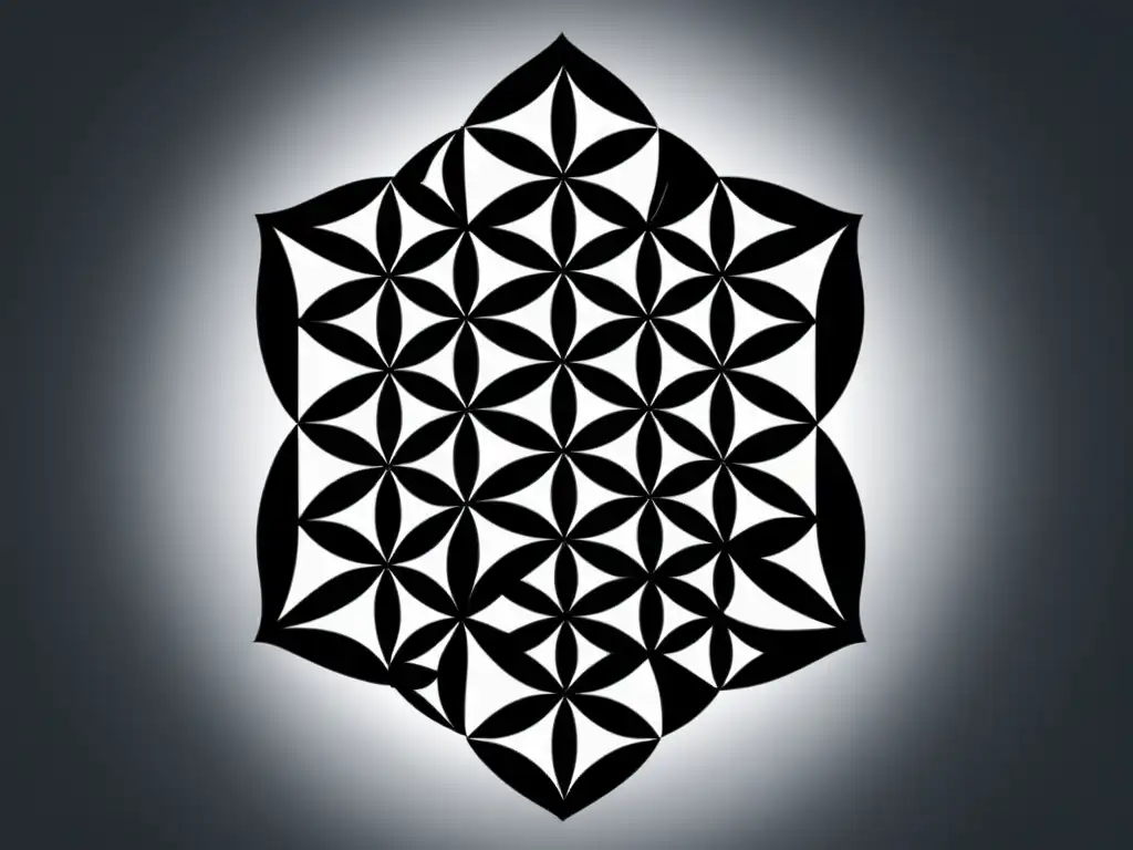 Geometría sagrada: Flor de la Vida en arte minimalista Una ilustración en blanco y negro de la geometría sagrada en cultos, con un patrón de la Flor de la Vida que irradia misticismo y simetría geométrica