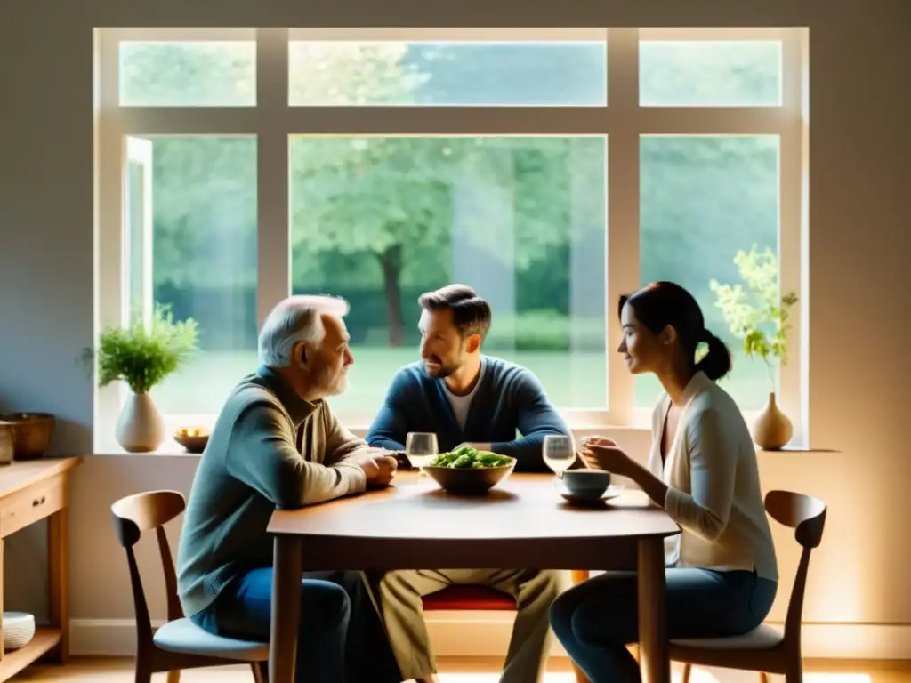 Intimidad familiar: vínculos cálidos y conversaciones en la mesa Una cálida escena familiar con luz natural, reflejando el impacto de nuevas sectas en familia