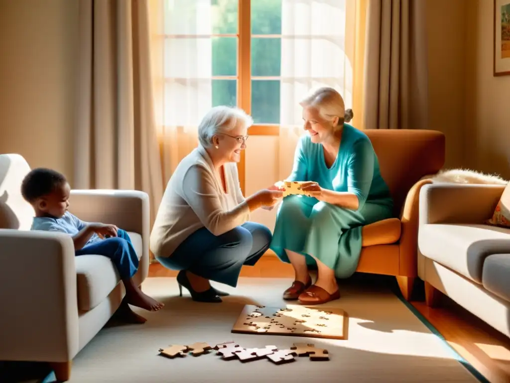 Una cálida sala de estar con luz solar suave, una familia unida alrededor de un rompecabezas