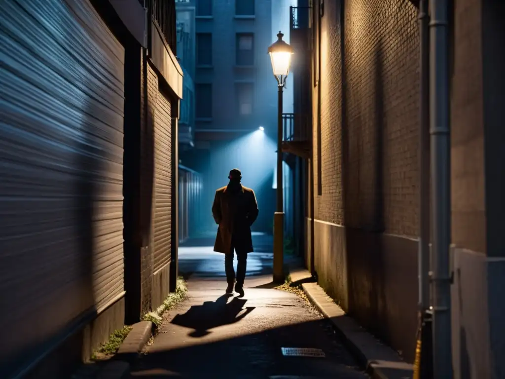 Alley sombrío: La tensión en la comunidad Un callejón sombrío con una luz de calle solitaria, creando una atmósfera de tensión y paranoia en comunidades sectas