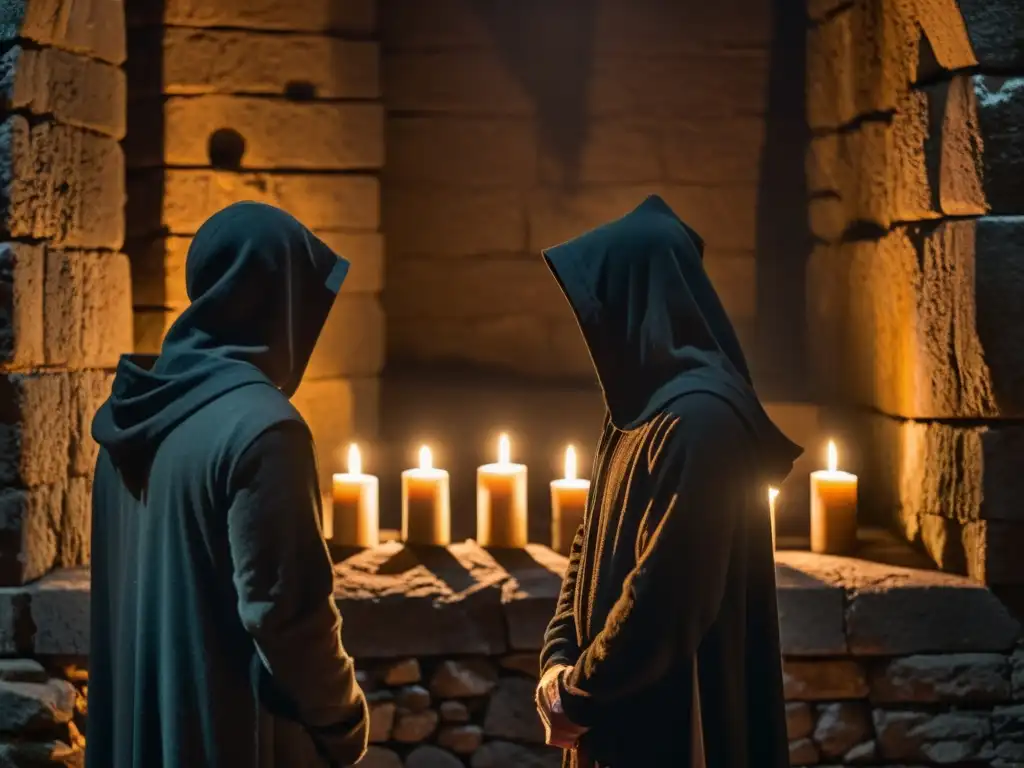 Rituales secretos en la oscuridad: misterio y peligro En una cámara oculta, figuras encapuchadas realizan un culto prohibido, envueltas en misterio y peligro ante la inquisición