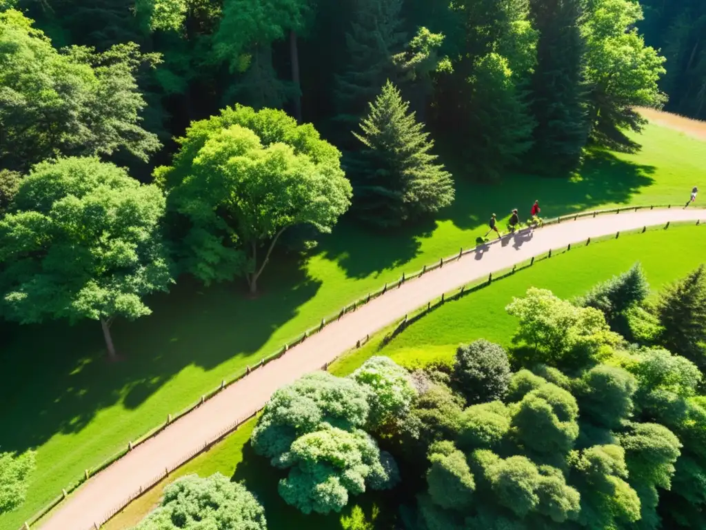 Caminata revitalizante hacia cabaña serena en el bosque Un camino serpenteante a través de un frondoso bosque, con rayos de sol entre los árboles