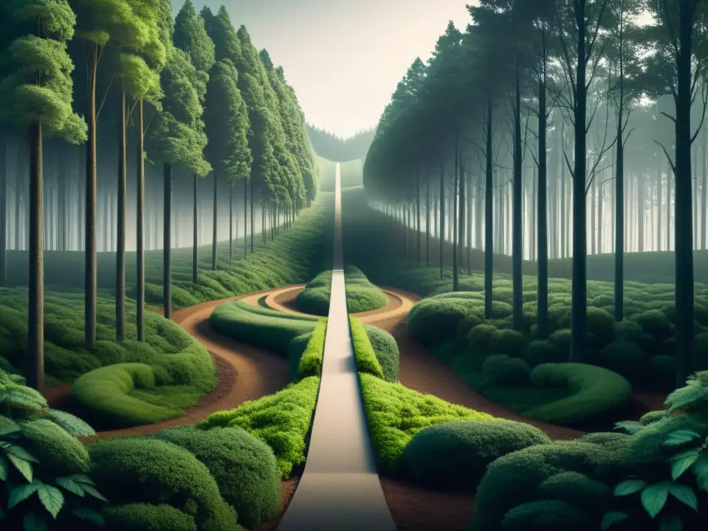 Elección en el bosque: luz y oscuridad Dos caminos divergen en un bosque, uno hacia la luz y otro hacia la oscuridad, simbolizando las diferencias entre culto y secta
