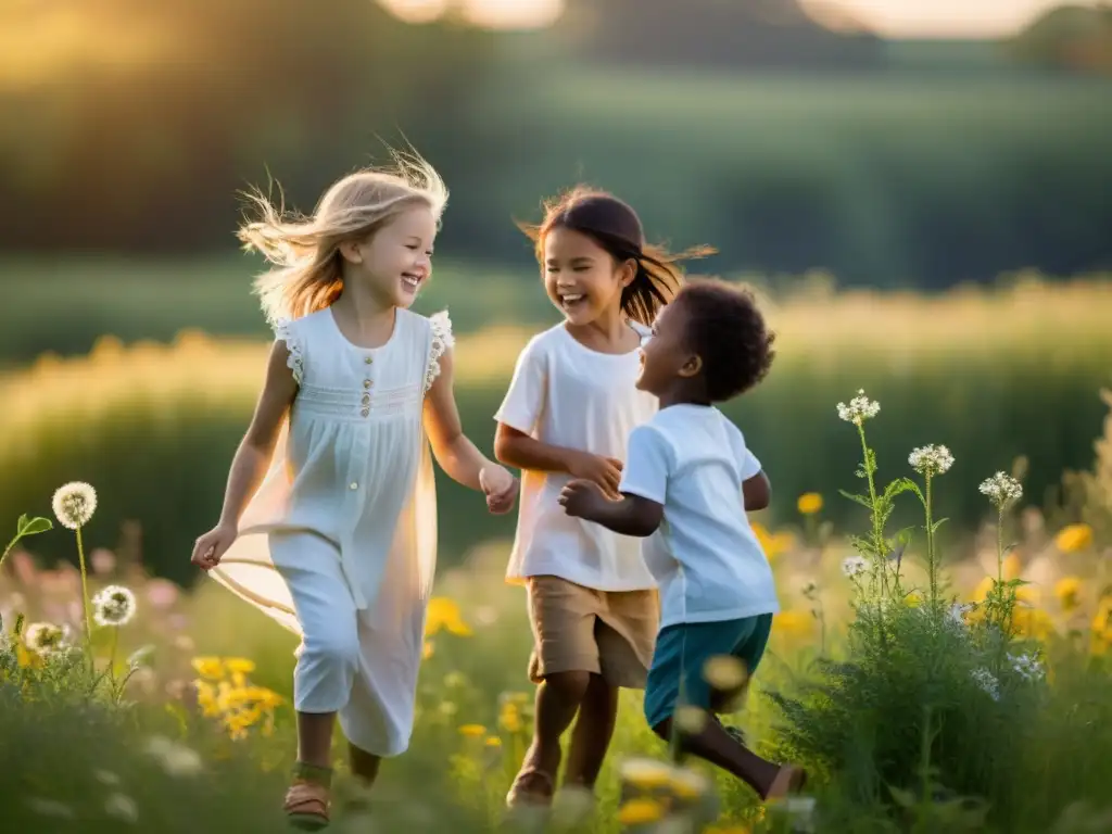Juegos infantiles en campo soleado: libertad y alegría Un campo soleado, niños jugando y riendo entre flores silvestres y altos pastos