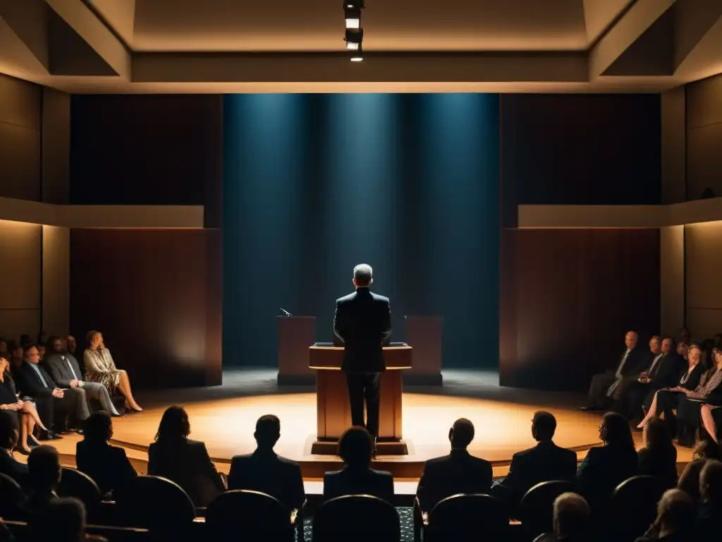 Un carismático líder cautiva a una audiencia con gestos convincentes y contacto visual intenso en una habitación tenue