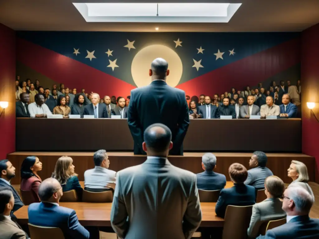 Un carismático líder de culto frente a un mural hipnótico, con seguidores atentos