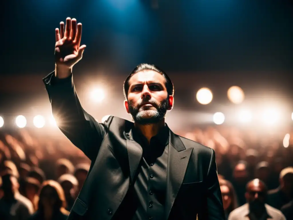 Un carismático líder de culto en un intenso escenario, rodeado de seguidores adoradores