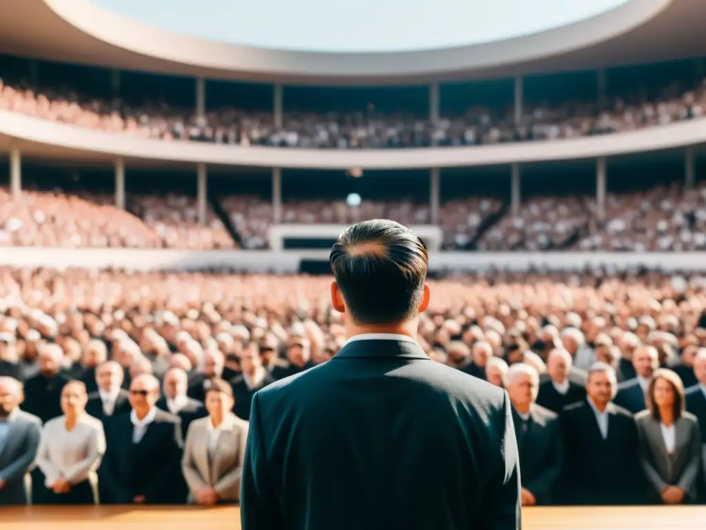 Un carismático líder de culto hipnotiza a una multitud con su mirada y postura segura, creando un ambiente de esperanza y vulnerabilidad