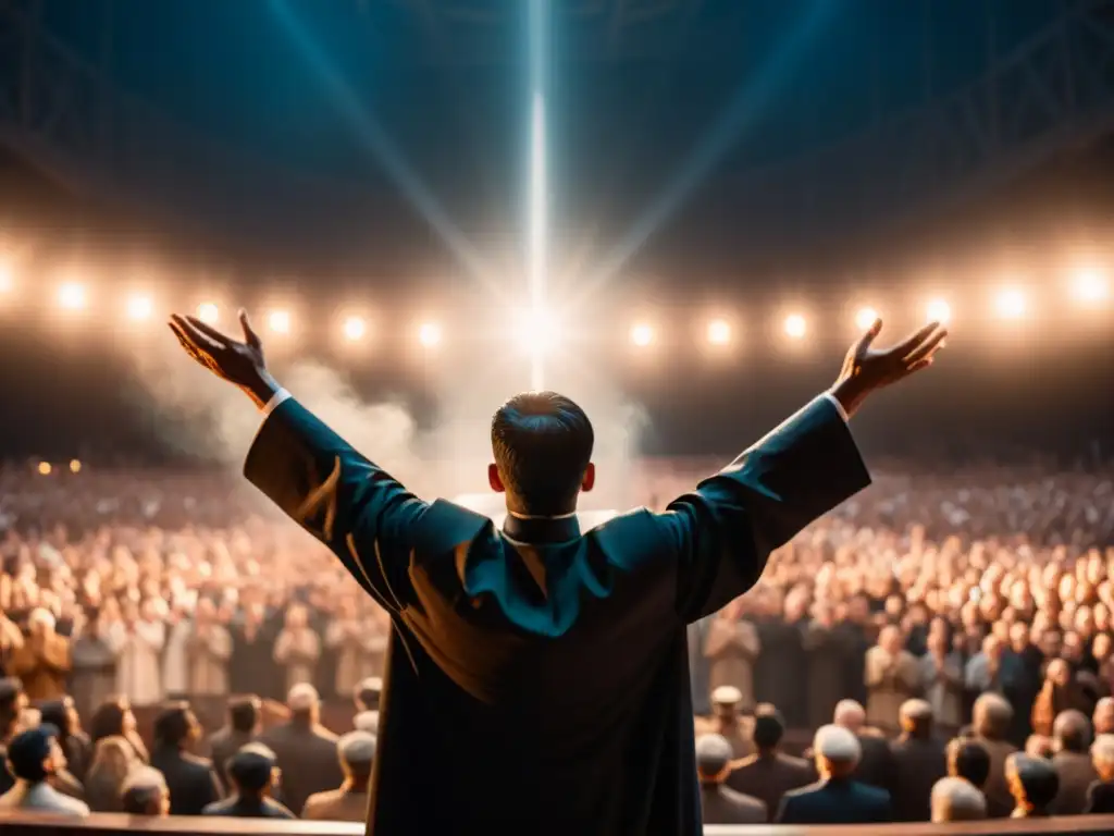 Carismático líder de culto con seguidores devotos en atmósfera intensa