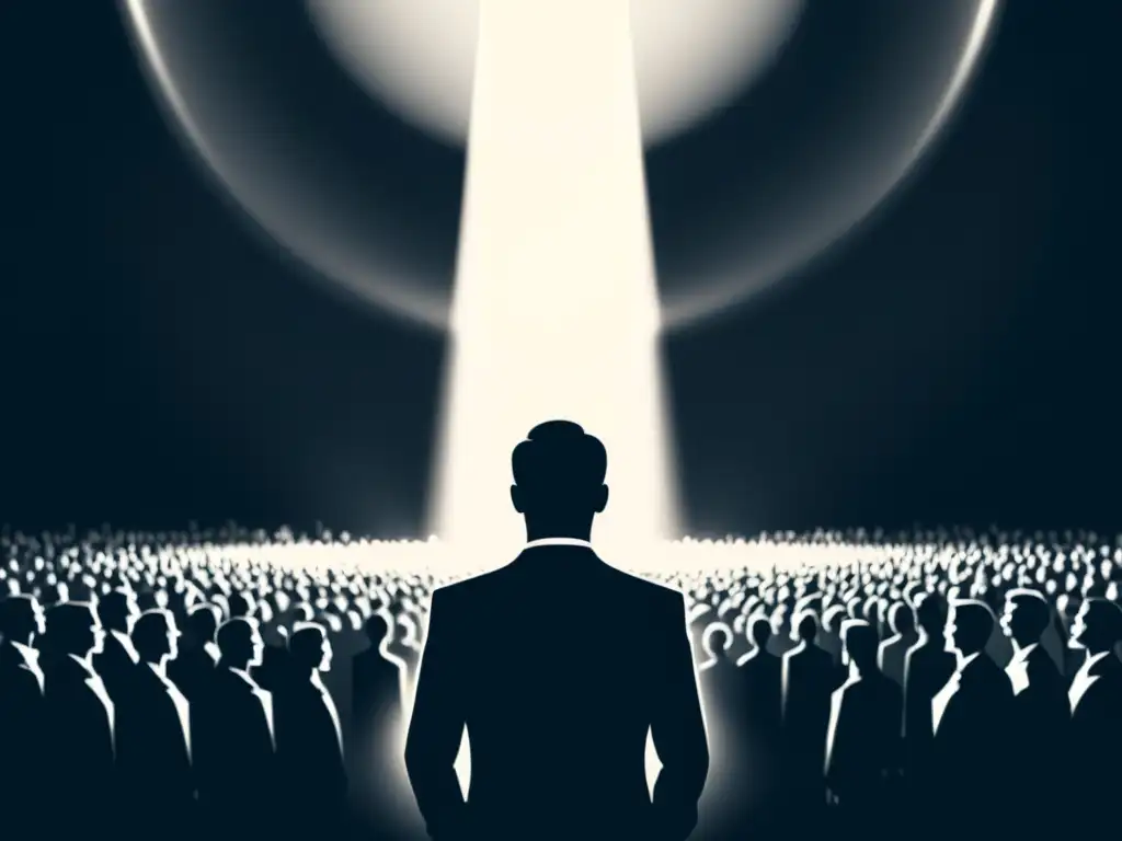 Carismático líder iluminado: influencia magnética en la multitud Carismático líder destaca entre la multitud en sombras, irradiando influencia y autoridad
