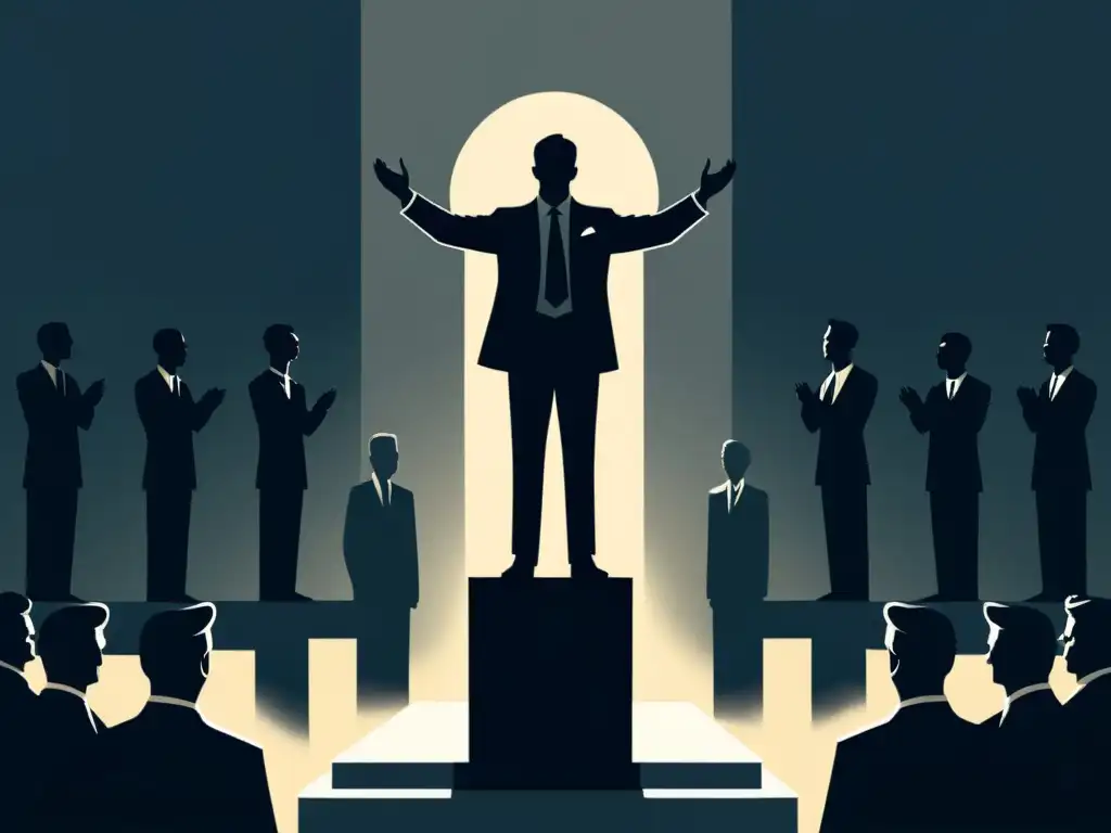 Carismático líder en un pedestal rodeado de seguidores devotos, con sombras ominosas