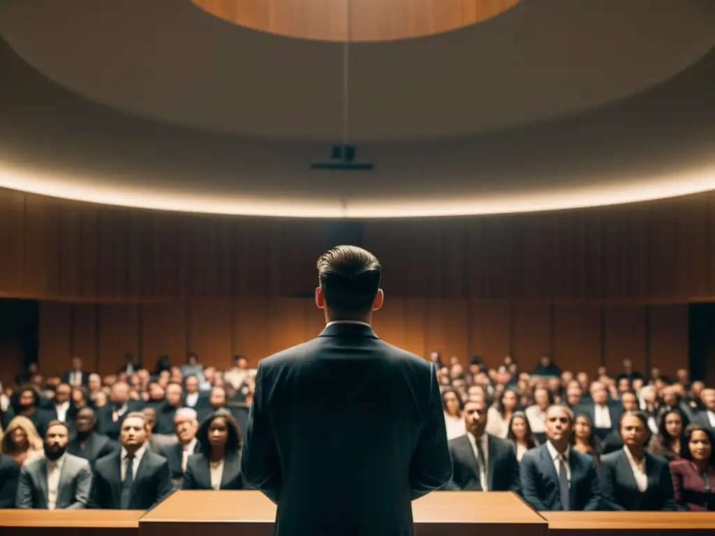 Carismático líder sectario cautiva a una audiencia con su oratoria persuasiva y técnicas de manipulación