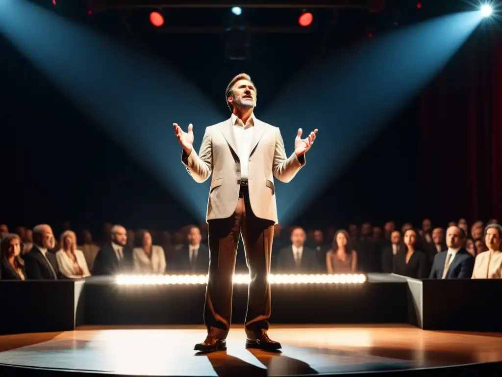 Carismático líder sectario en el escenario, cautivador y persuasivo, con técnicas de manipulación sectaria oratoria