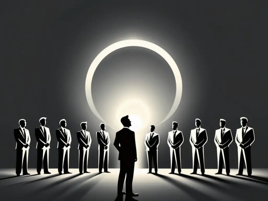 Carisma en Blanco y Negro: Líder carismático rodeado de seguidores Carismático líder con seguidores adoradores en ilustración minimalista en blanco y negro, reflejando manipulación psicológica en cultos