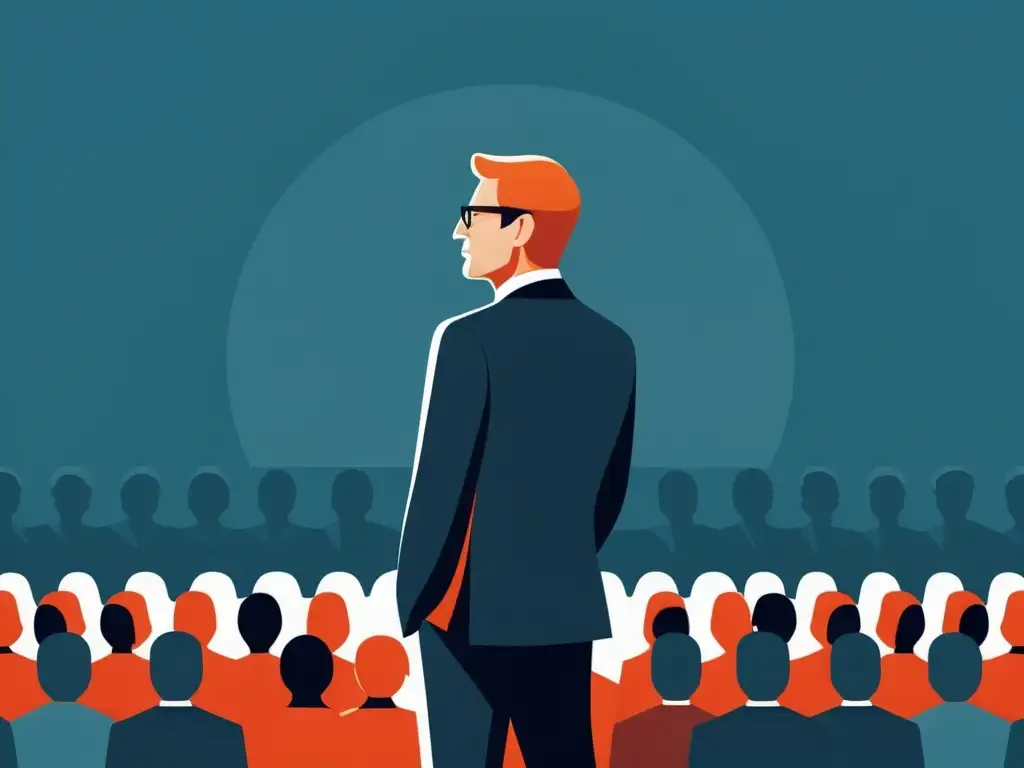 Un carismático líder utiliza técnicas de manipulación sectaria oratoria para cautivar a la audiencia con confianza y autoridad
