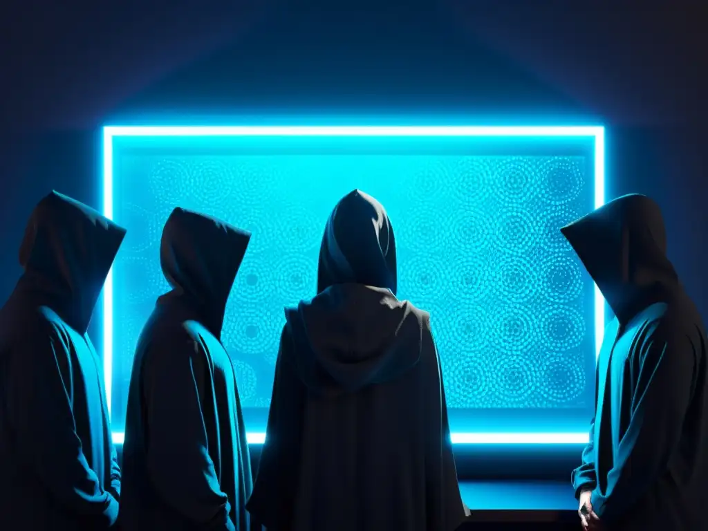 Cibersectas en la Era Digital: Misteriosas figuras rodean la pantalla brillante de un ordenador, iluminadas por su luz azul