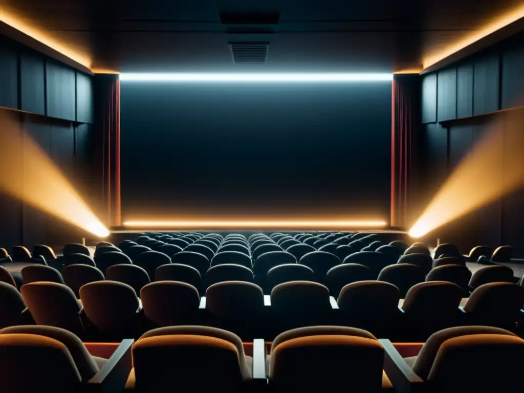 Cine vacío: luz y misterio en un ambiente minimalista Un cine oscuro y vacío con destellos de luz, generando un ambiente de misterio y anticipación, perfecto para películas sobre cultos y sectas