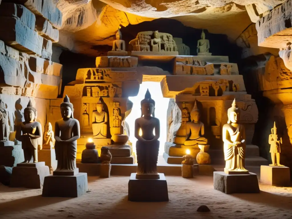 Un círculo de antiguas estatuas deidades iluminadas por una luz dorada en una caverna