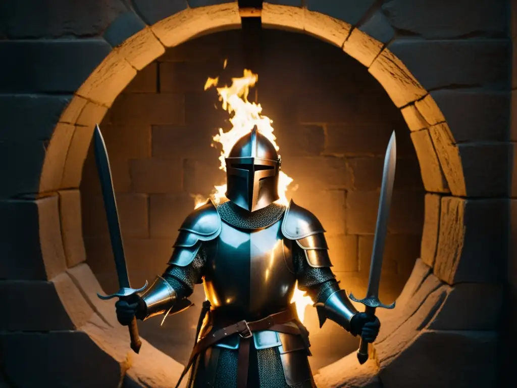 Misterioso ritual de los Nuevos Templarios Un círculo de antiguos caballeros en armadura, unidos en un ritual misterioso bajo la luz de antorchas en una cámara de piedra