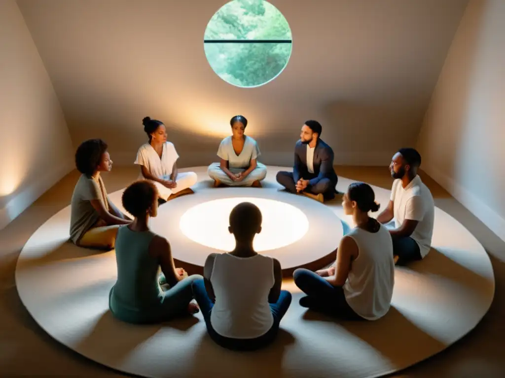 Círculo de apoyo terapéutico: sanación tras experiencias sectarias Un círculo de apoyo sereno para sobrevivientes de control mental en cultos destructivos, con interacciones empáticas y sanadoras