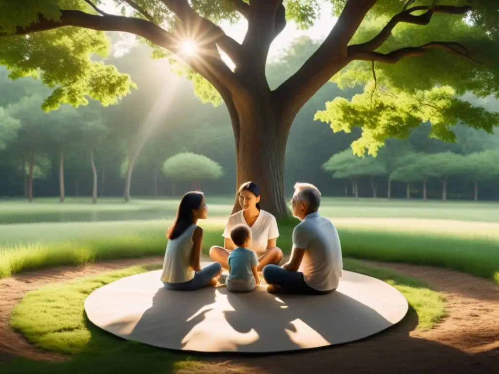 Conversación familiar en armonía bajo el sol 'Un círculo familiar sereno y cálido, Los Niños de Dios culto familiar, amor y comunicación abierta entre padres e hijos