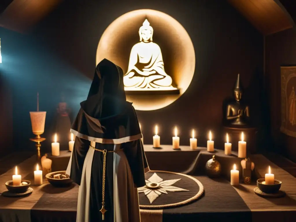 Ritual místico: figura encapuchada en un altar Un círculo de figuras encapuchadas rodea un altar con velas y túnicas, creando un aura de misterio y ritual