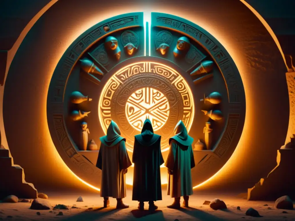Guardianes del Artefacto: Ilustración en 8k de misterio ancestral Un círculo de figuras encapuchadas rodea un antiguo artefacto iluminado