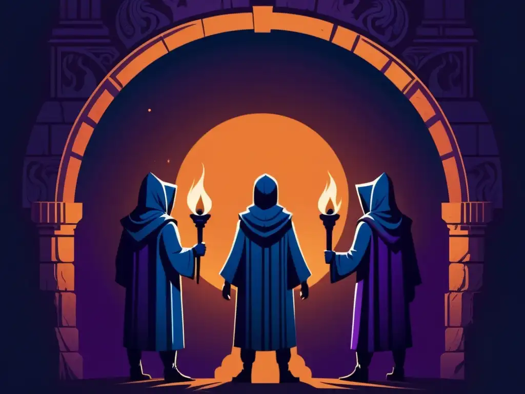 Círculo de figuras encapuchadas con antorchas en templo misterioso Un círculo de figuras encapuchadas con antorchas en un templo antiguo
