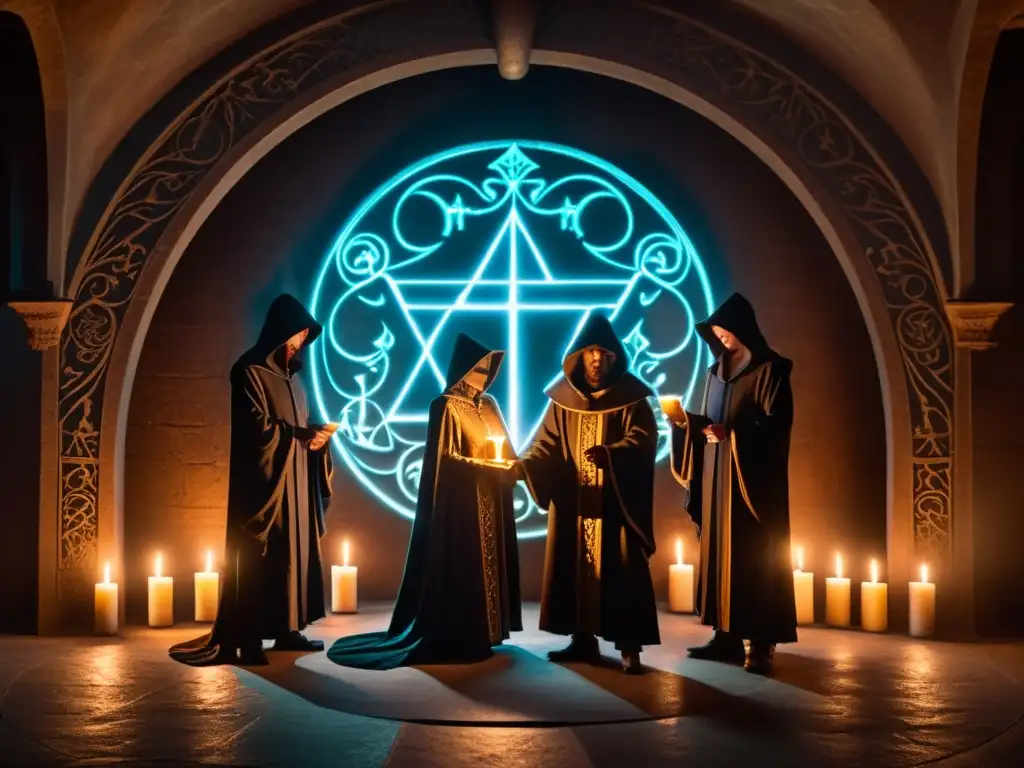 Conjuro ancestral: círculo de figuras encapuchadas Un círculo de figuras encapuchadas rodea un siniestro símbolo, mientras realizan rituales de iniciación en sectas en una misteriosa atmósfera