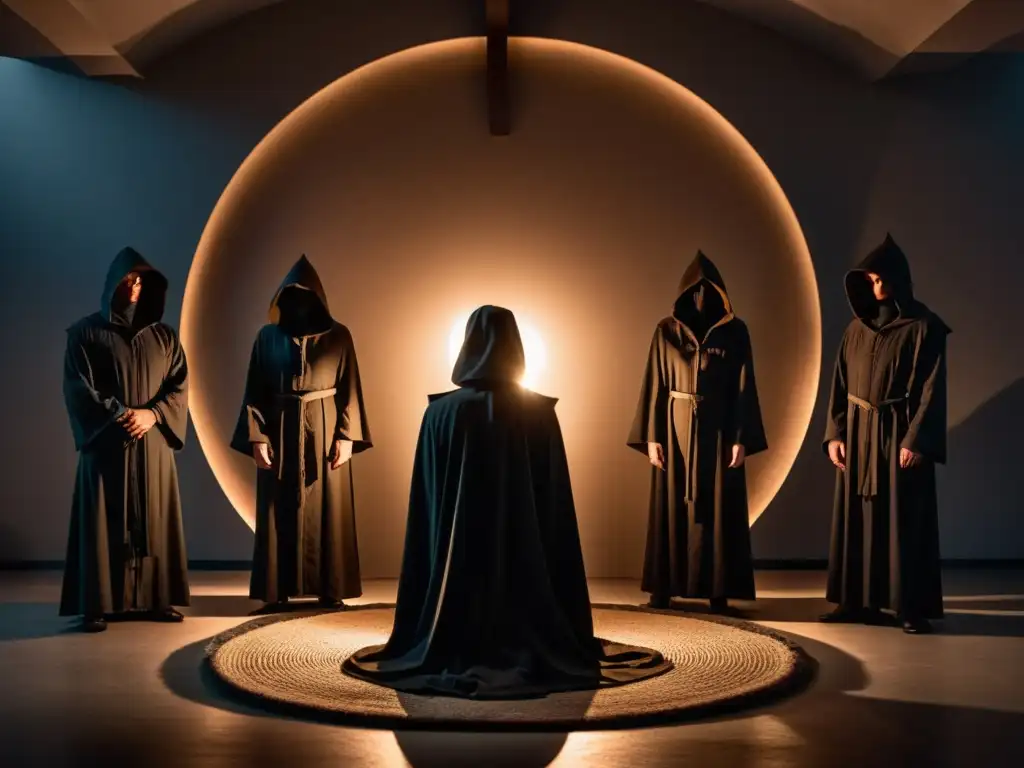 Un círculo de figuras en la penumbra, rostros ocultos por capuchas, junto a un altar iluminado por velas