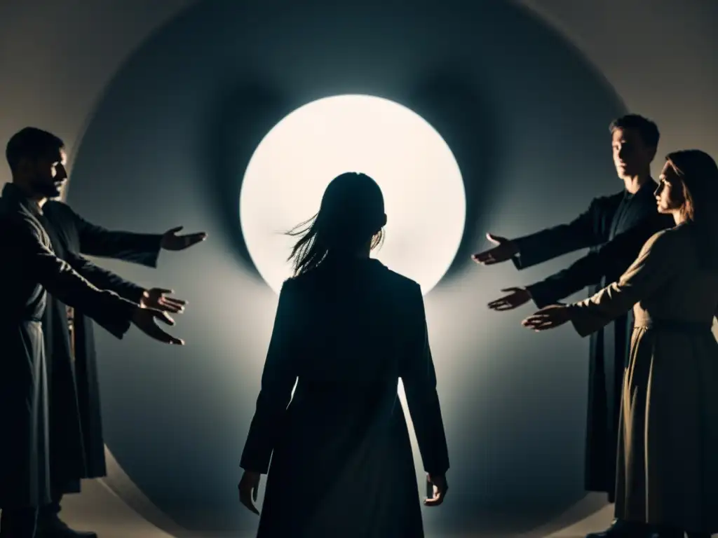 Un círculo de figuras sombrías rodeadas de misterio, con una figura en el centro extendiendo su mano