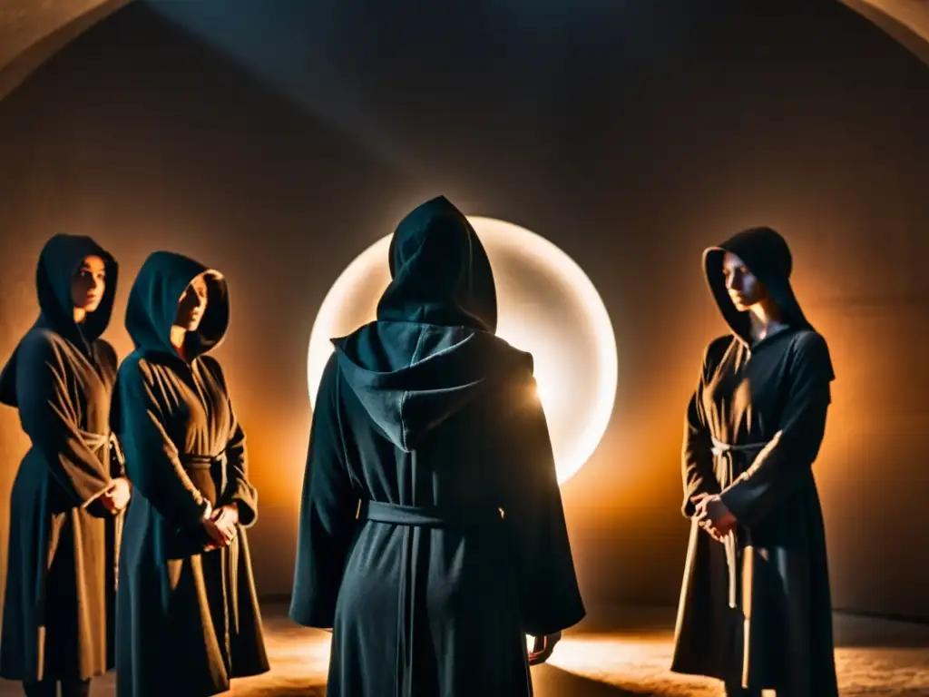 Rituales misteriosos: figura central con orbe luminoso Un círculo de figuras en túnicas oscuras sostiene un orbe brillante en una habitación tenue, evocando misterio y poder sectario